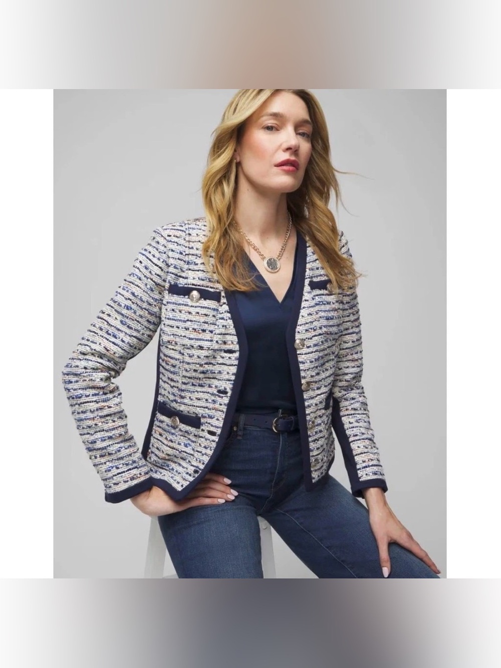 White House Black Market white navy tweed blazer Jacket silver buttons Womens 4